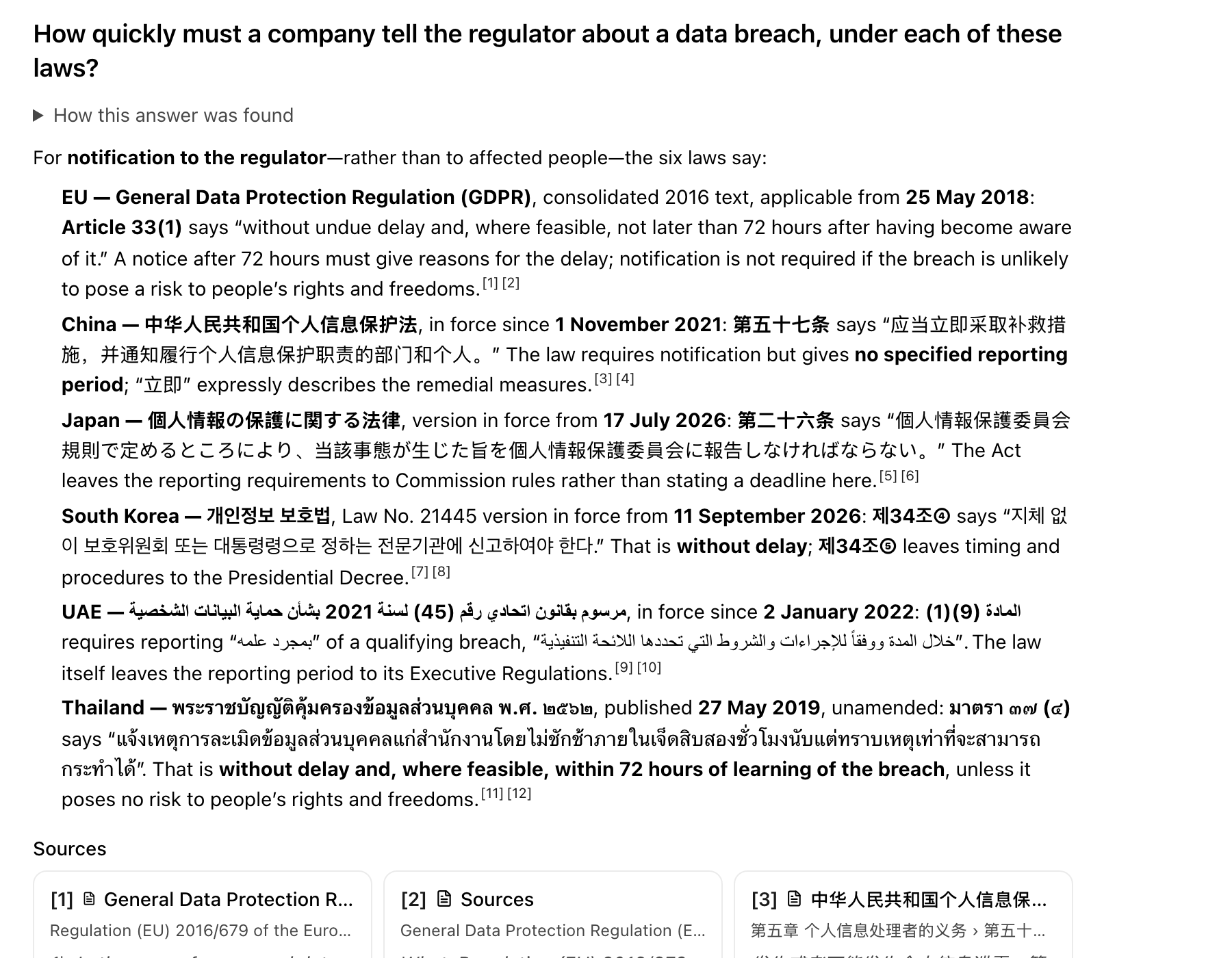An Ask answer in Stuga comparing breach-notification deadlines in six privacy laws, each point cited to the law's own text.