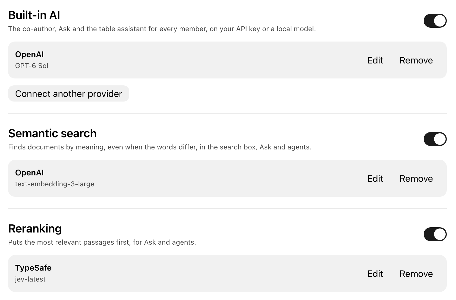 Stuga's AI providers settings: Built-in AI with GPT-6 Sol, Semantic search with text-embedding-3-large, and Reranking with TypeSafe jev-latest.